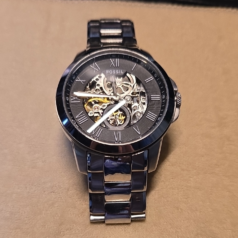 Fossil Black and Silver Skeleton Dial Watch